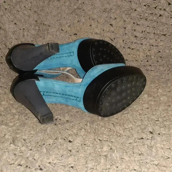 TOD'S-Blue Suede/Black Leather-T-Strap Platform Sandals-Sz 38A-Near Mint - Picture 8 of 8